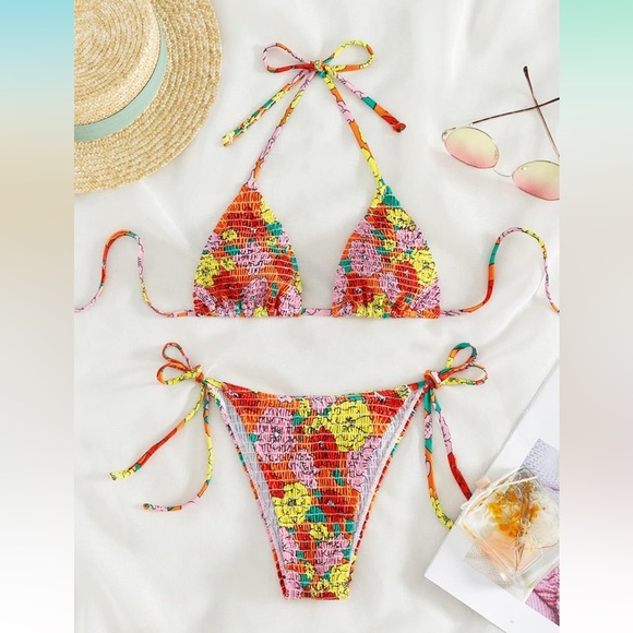 Women’s Floral Print Halter String Thong Bikini Bathing Suit 2 Piece Swimsuit XL - Picture 2 of 7